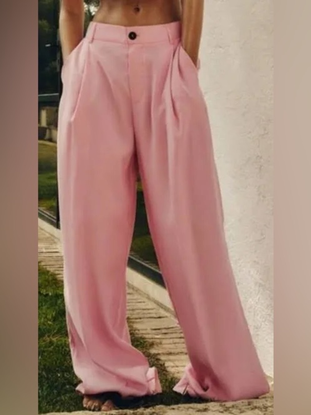 Zara pleated high rise wide leg pink pants Sz L